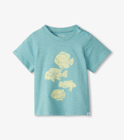 Light blue toddler T-shirt with short sleeves, fish graphic print, and shoulder snap buttons, front view