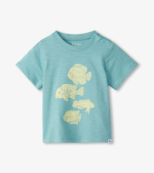 Light blue toddler T-shirt with short sleeves, fish graphic print, and shoulder snap buttons, front view