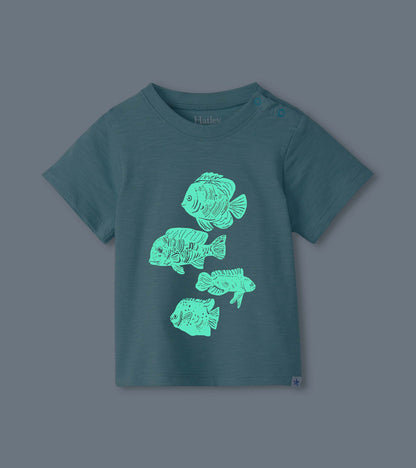 Dark teal toddler T-shirt with short sleeves and four glowing fish graphics on the front