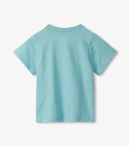 Light blue short-sleeve toddler T-shirt, back view, solid heathered knit fabric