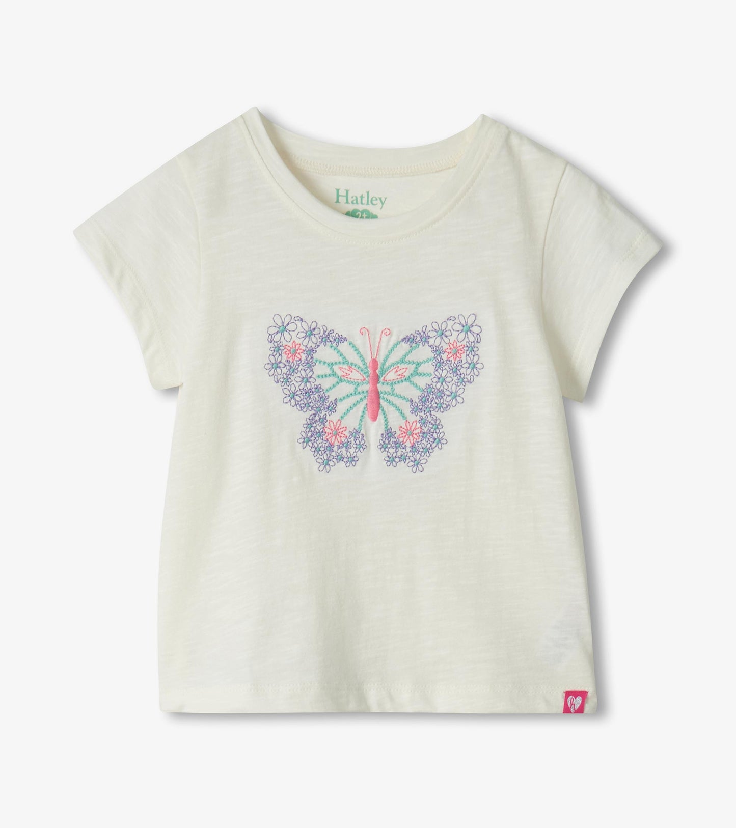Cream short-sleeve toddler T-shirt with colorful butterfly floral graphic, front view
