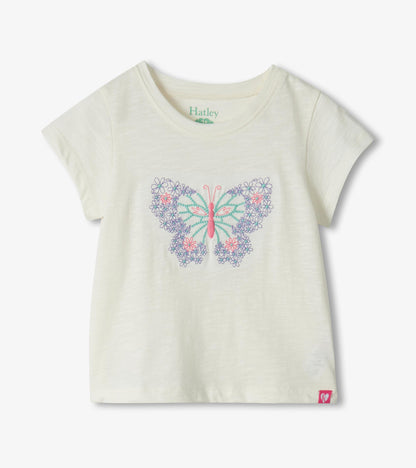 Cream short-sleeve toddler T-shirt with colorful butterfly floral graphic, front view