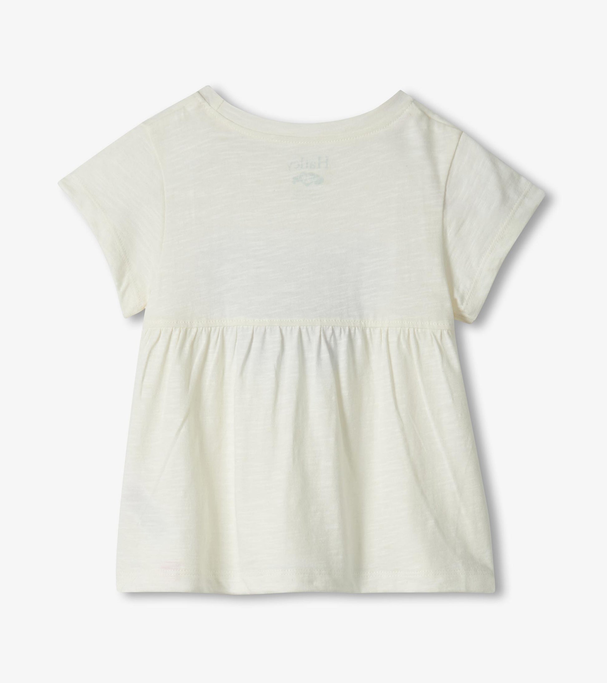 Cream short-sleeve baby dress with gathered waist, back view