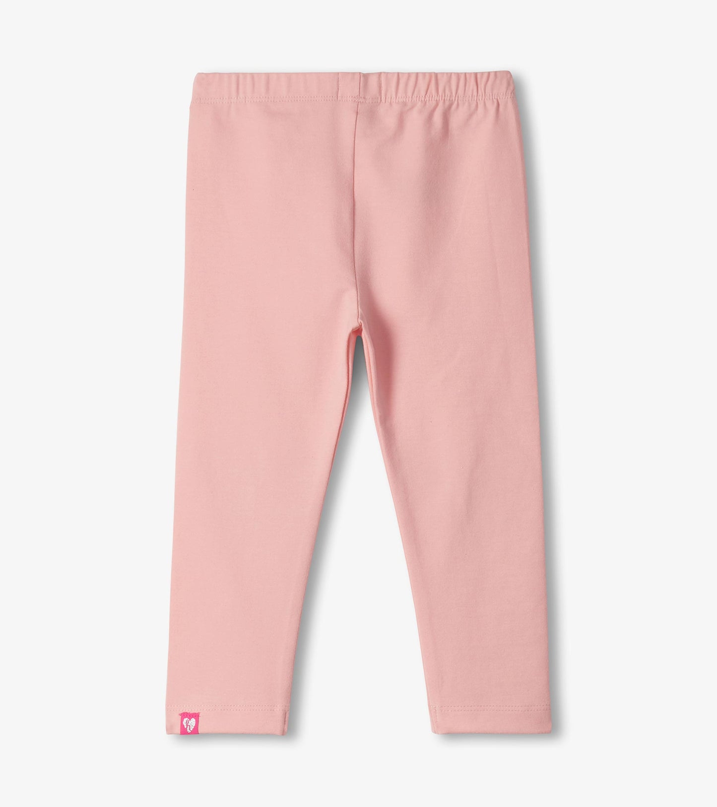 Pink toddler leggings with elastic waistband and small butterfly logo at the hem, front view