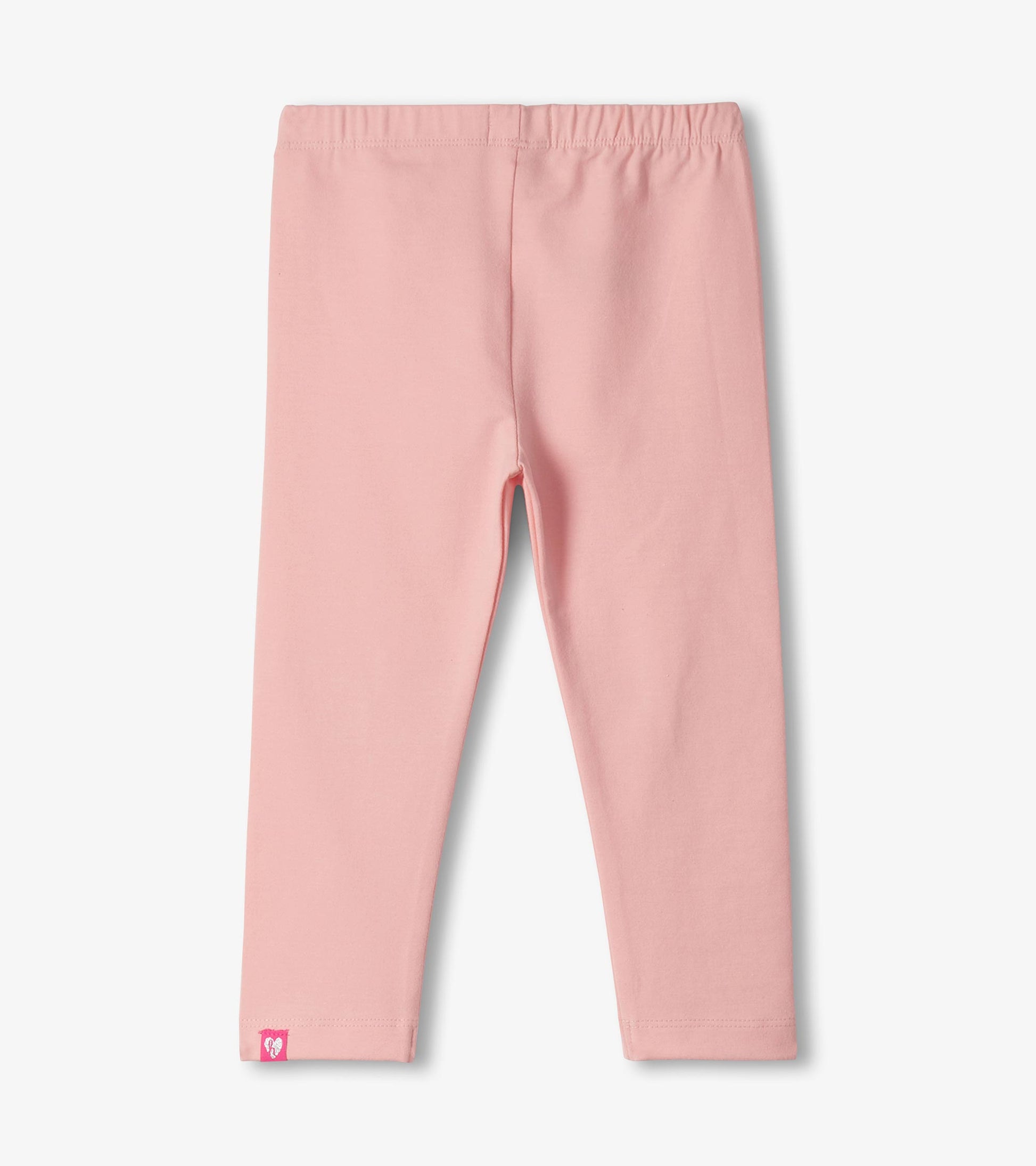 Pink toddler leggings with elastic waistband and small butterfly logo at the hem, front view
