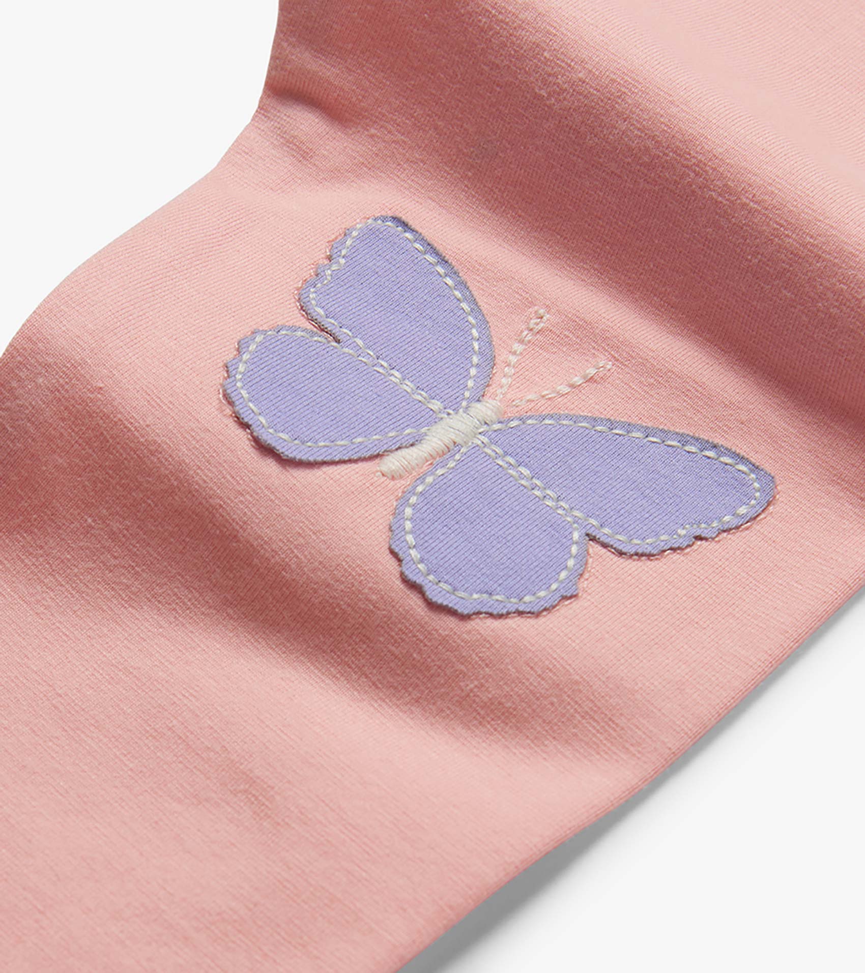 Pink toddler T-shirt with lavender butterfly appliqué and stitched detailing