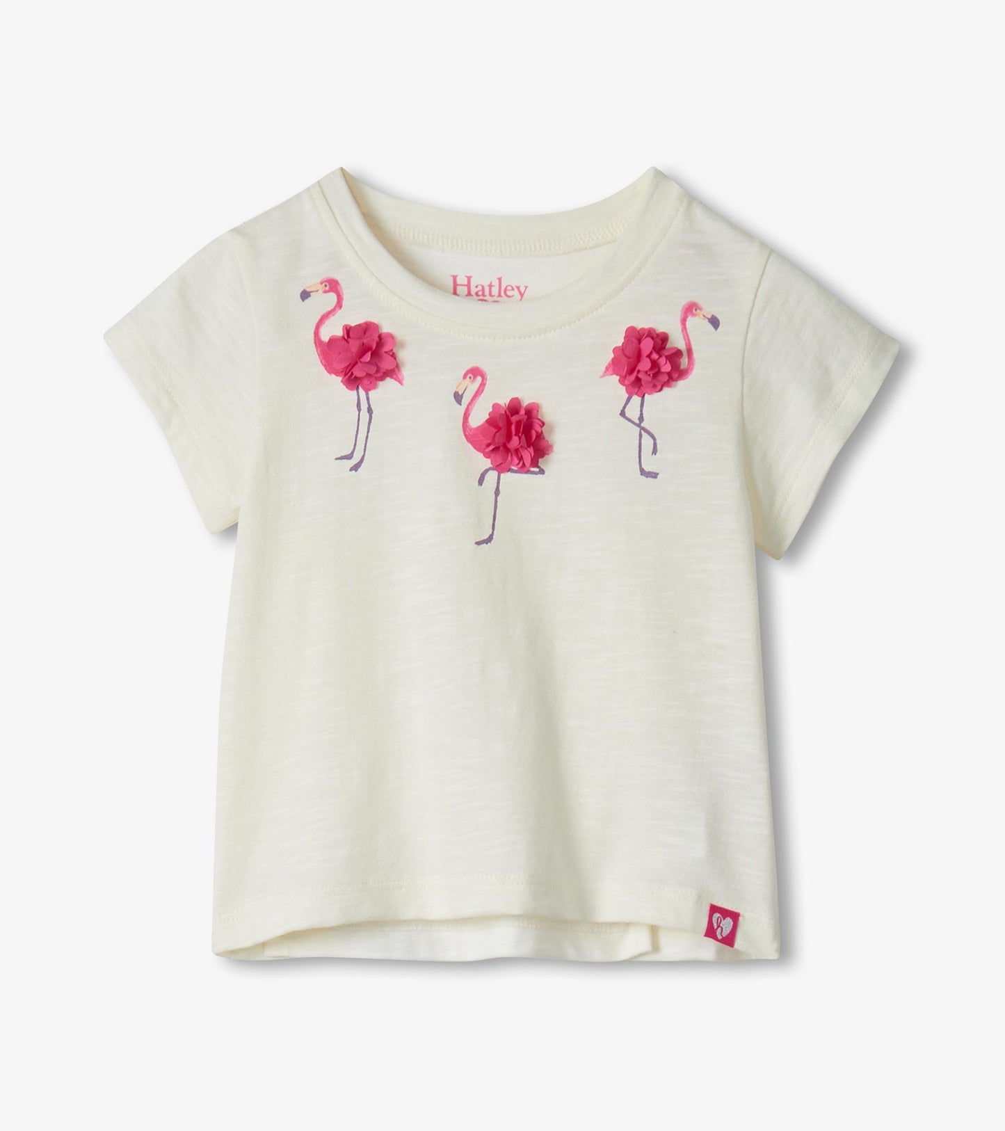 Cream short-sleeve toddler T-shirt with pink flamingo print and 3D flower accents