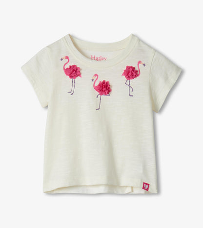 Cream short-sleeve toddler T-shirt with pink flamingo print and 3D flower accents