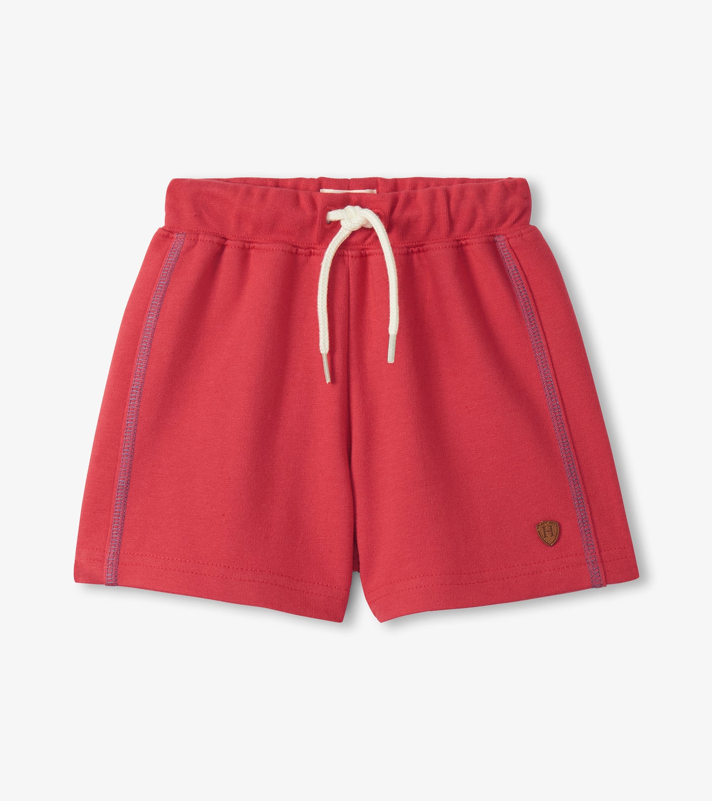 Red toddler French terry shorts with white drawstring and side seam stitching, front view