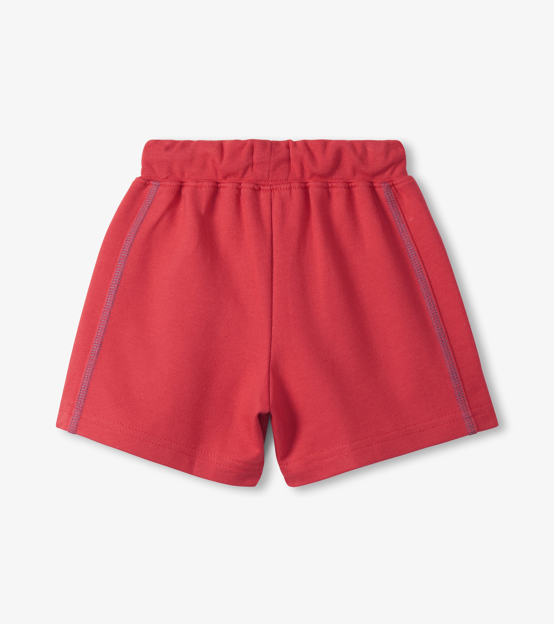 Red French terry toddler shorts with elastic waistband and contrast side stitching, front view