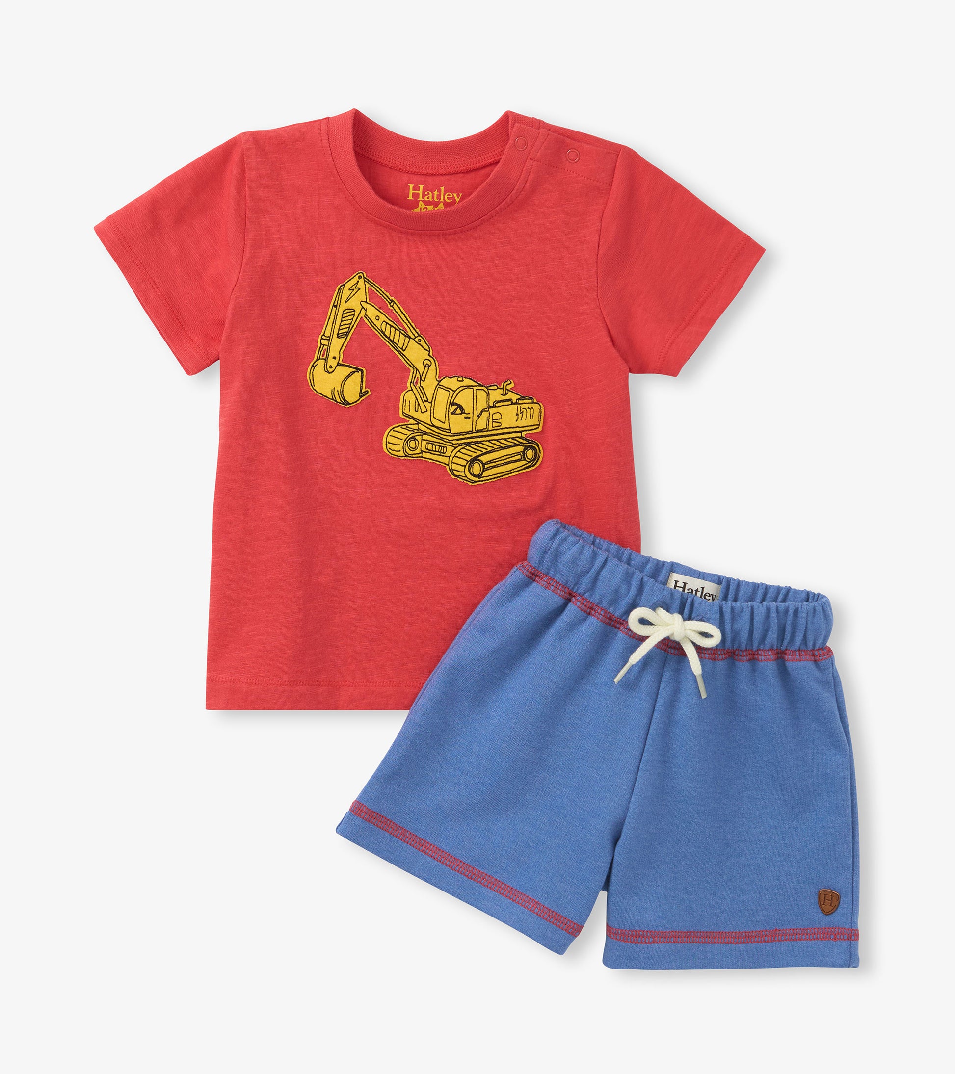Red toddler T-shirt with yellow excavator graphic and blue drawstring shorts set, front view