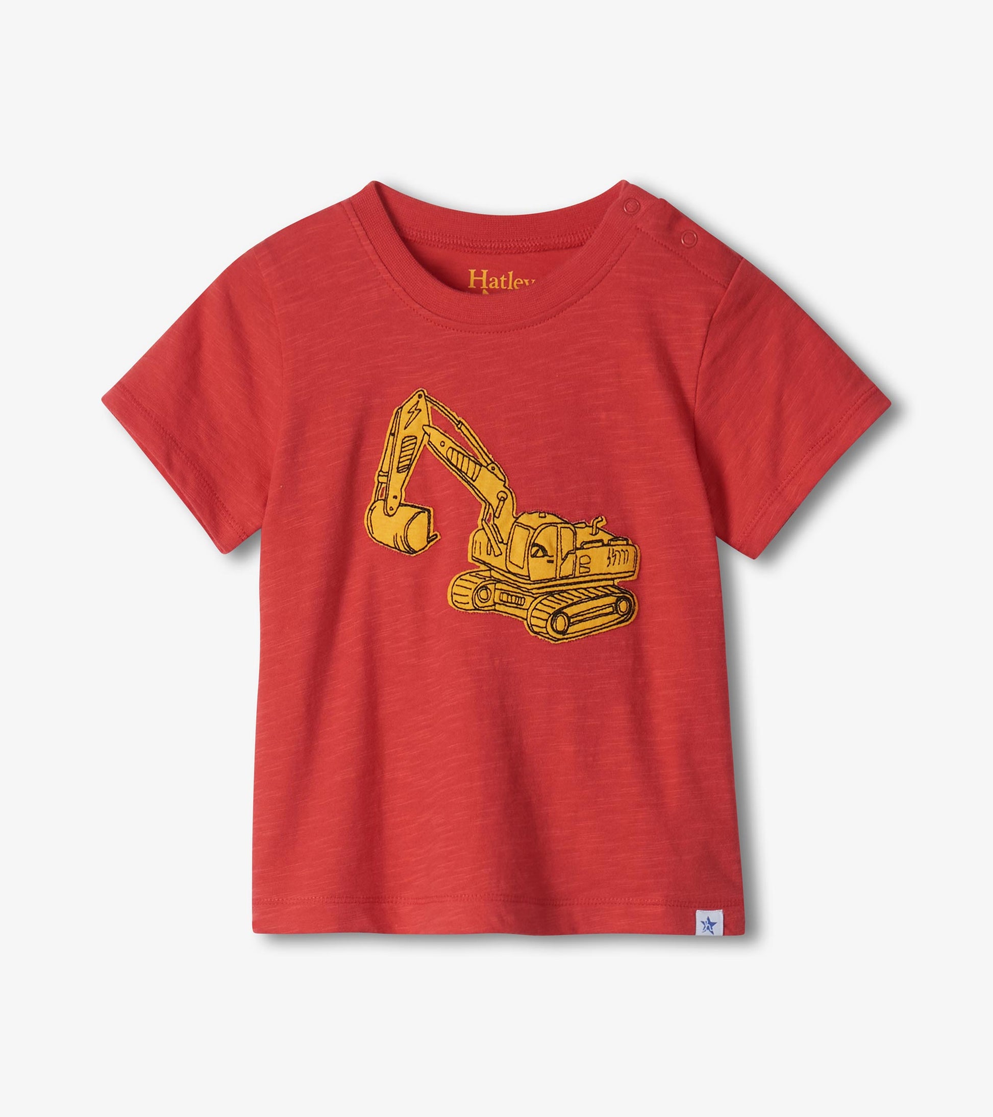 Red toddler T-shirt with yellow excavator graphic and short sleeves, front view