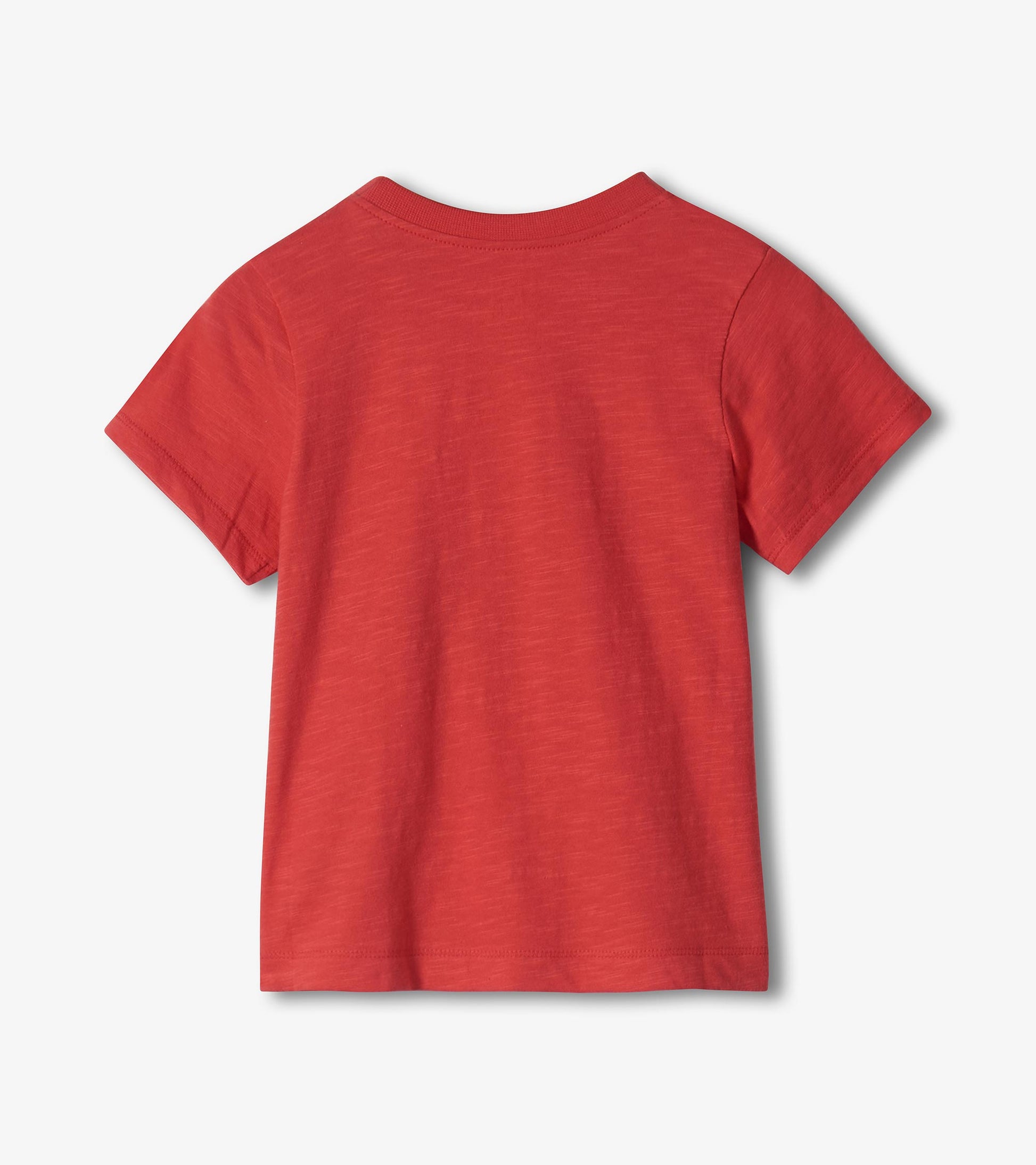 Red short-sleeve crewneck T-shirt with a heathered texture, back view