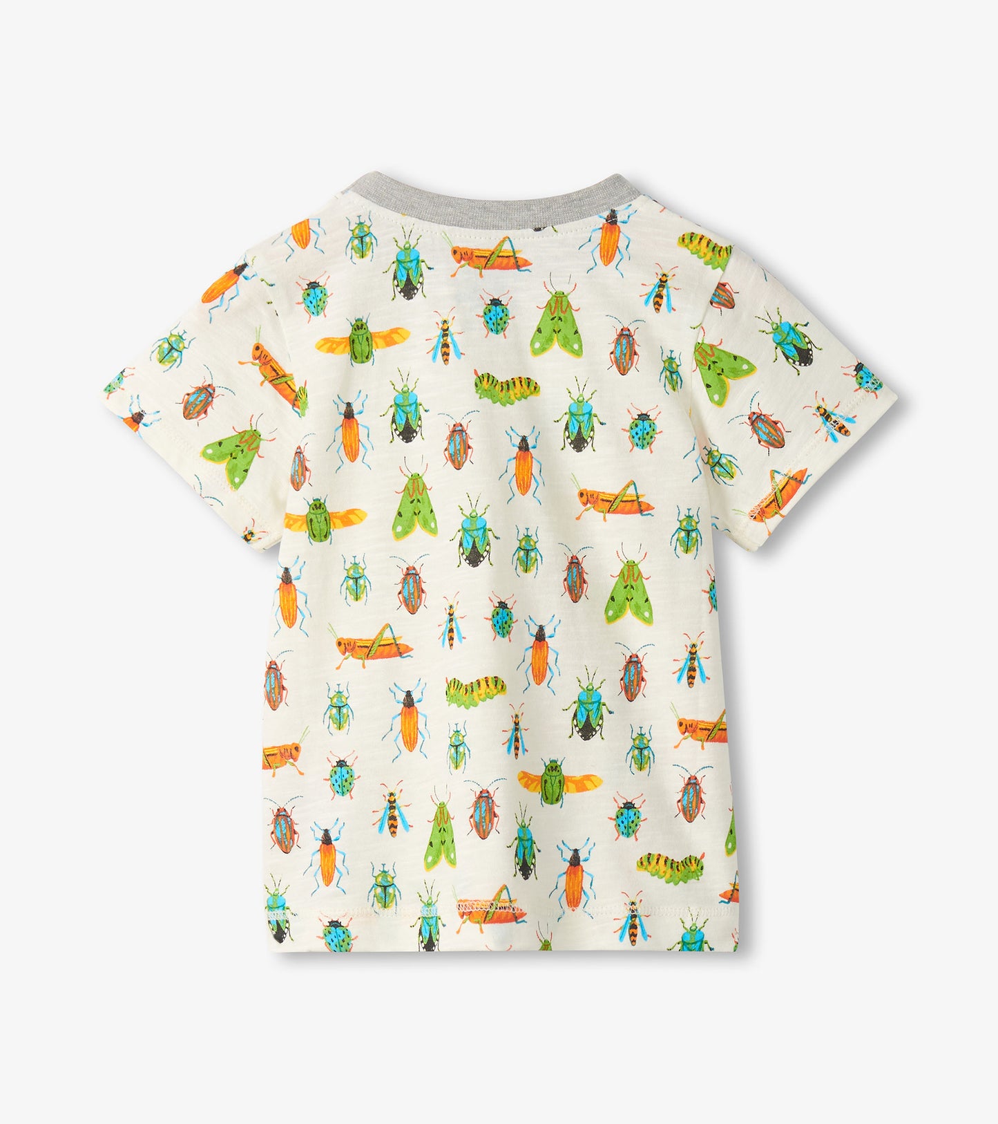 White short-sleeve toddler T-shirt with colorful insect print, shown front view