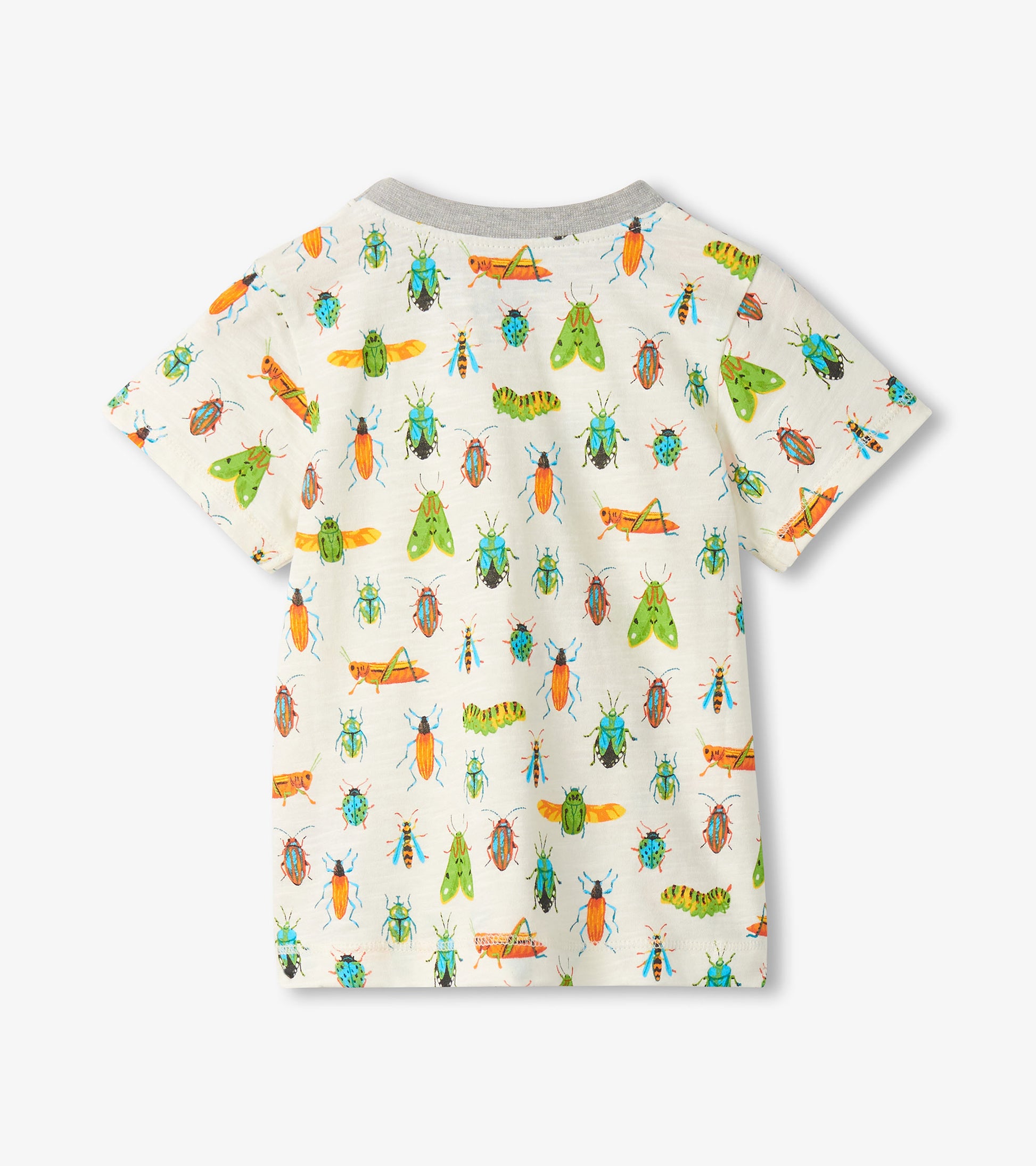 White short-sleeve toddler T-shirt with colorful insect print, shown front view