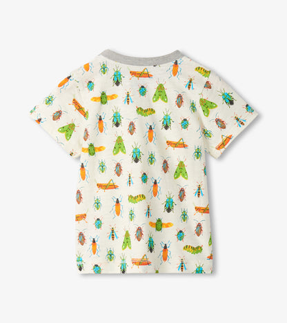White short-sleeve toddler T-shirt with colorful insect print, shown front view
