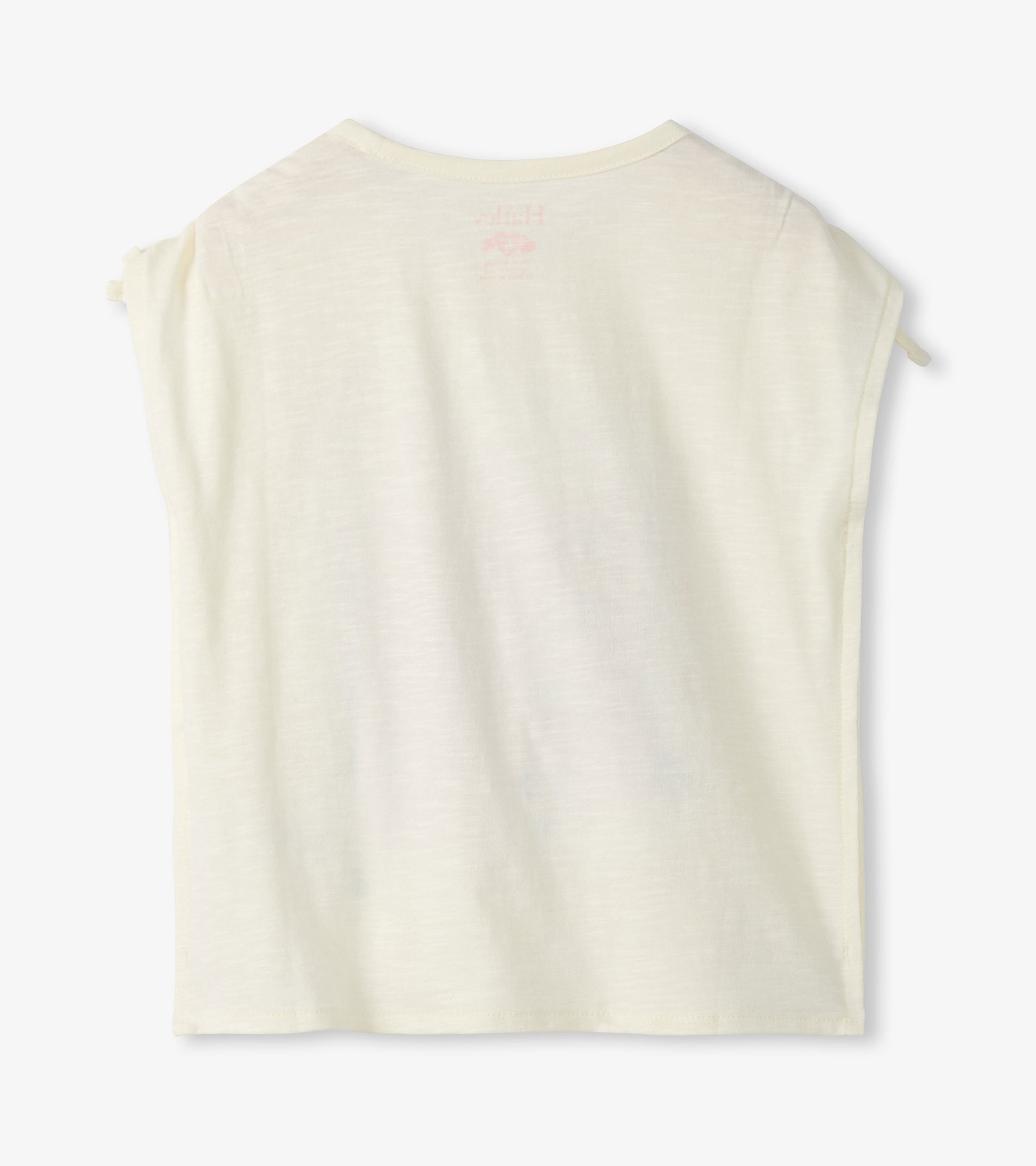 Cream girls cinched shoulder top, back view, with short sleeves and a crew neckline