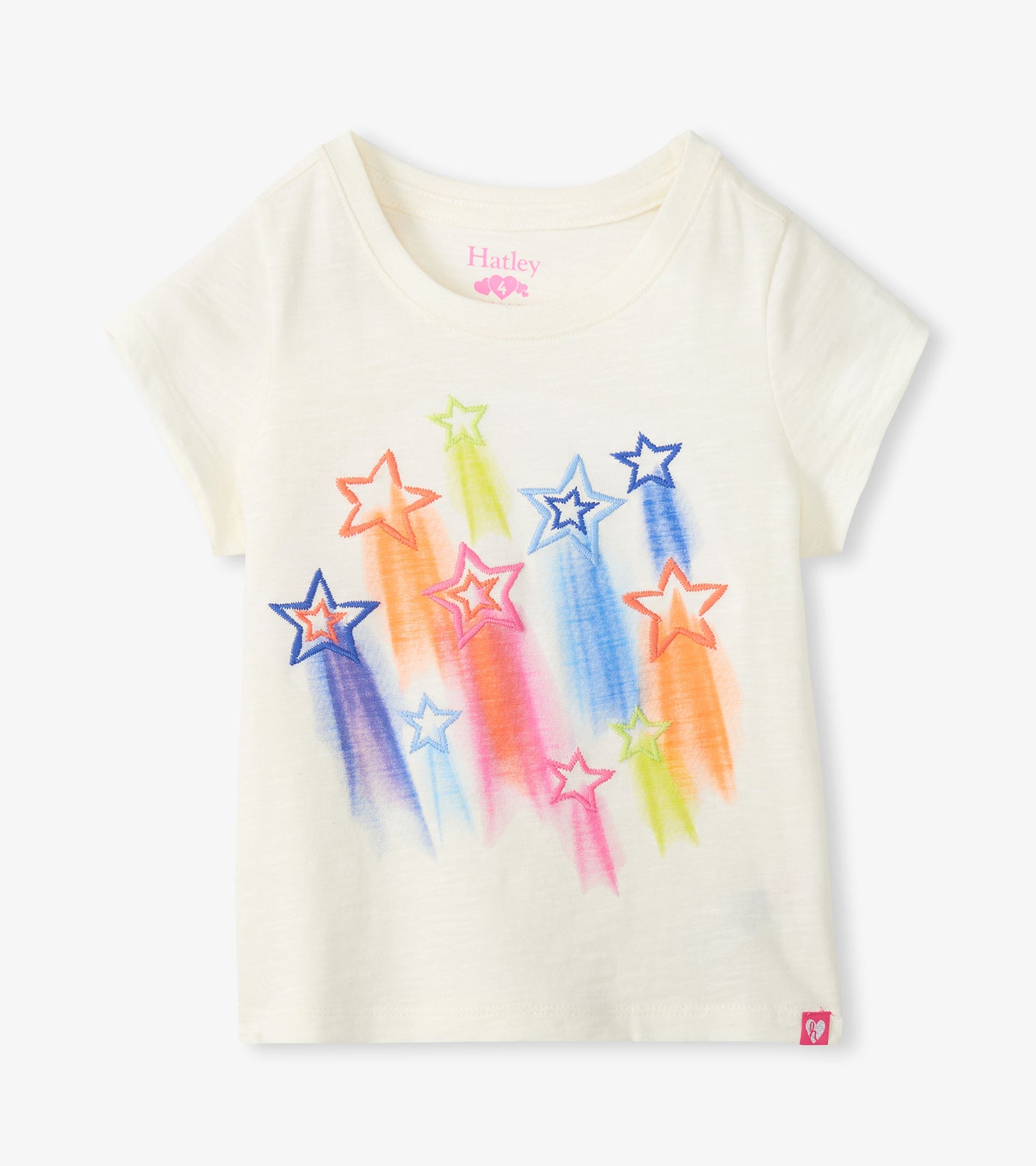 Cream girls short-sleeve tee with colorful falling star graphic on the front