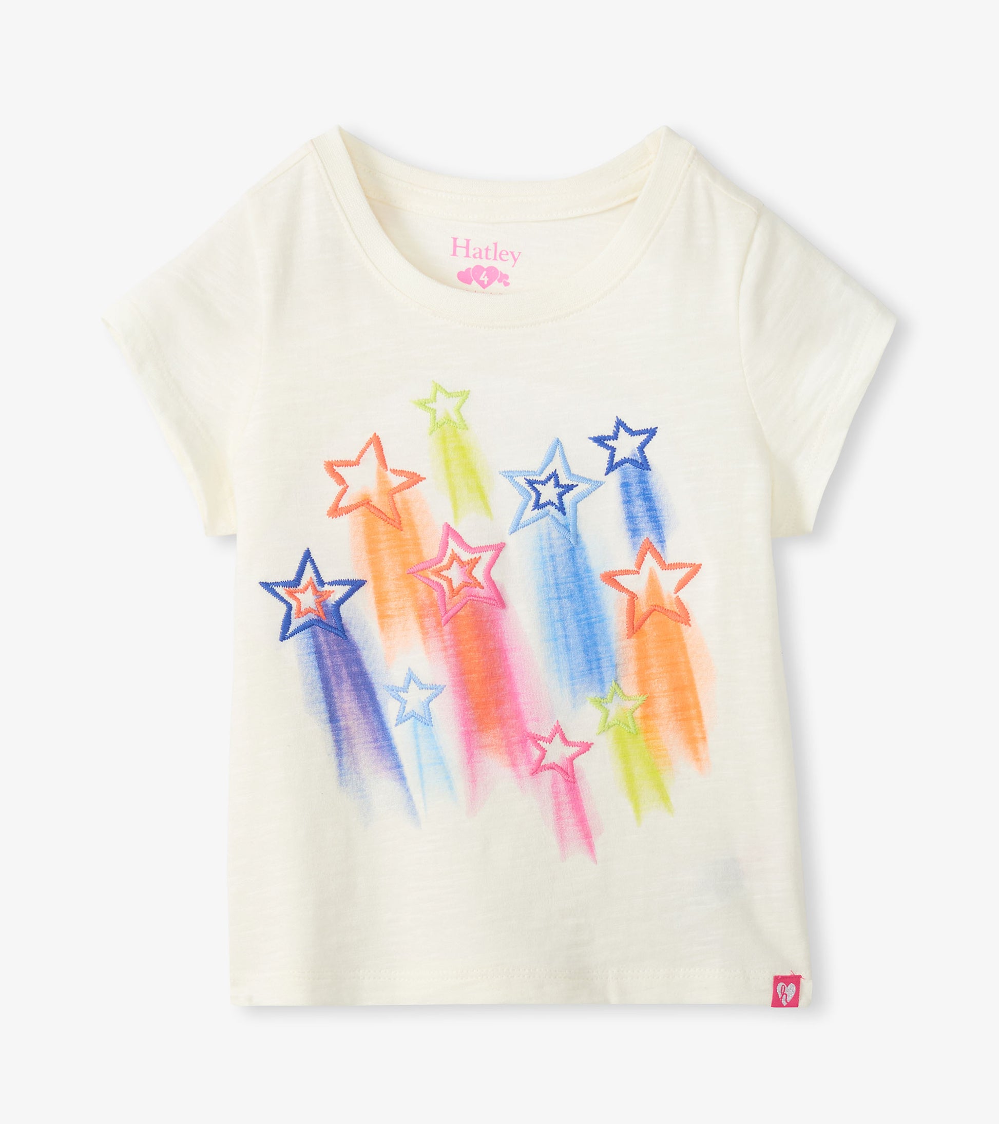 Cream girls short-sleeve tee with colorful falling star graphic on the front