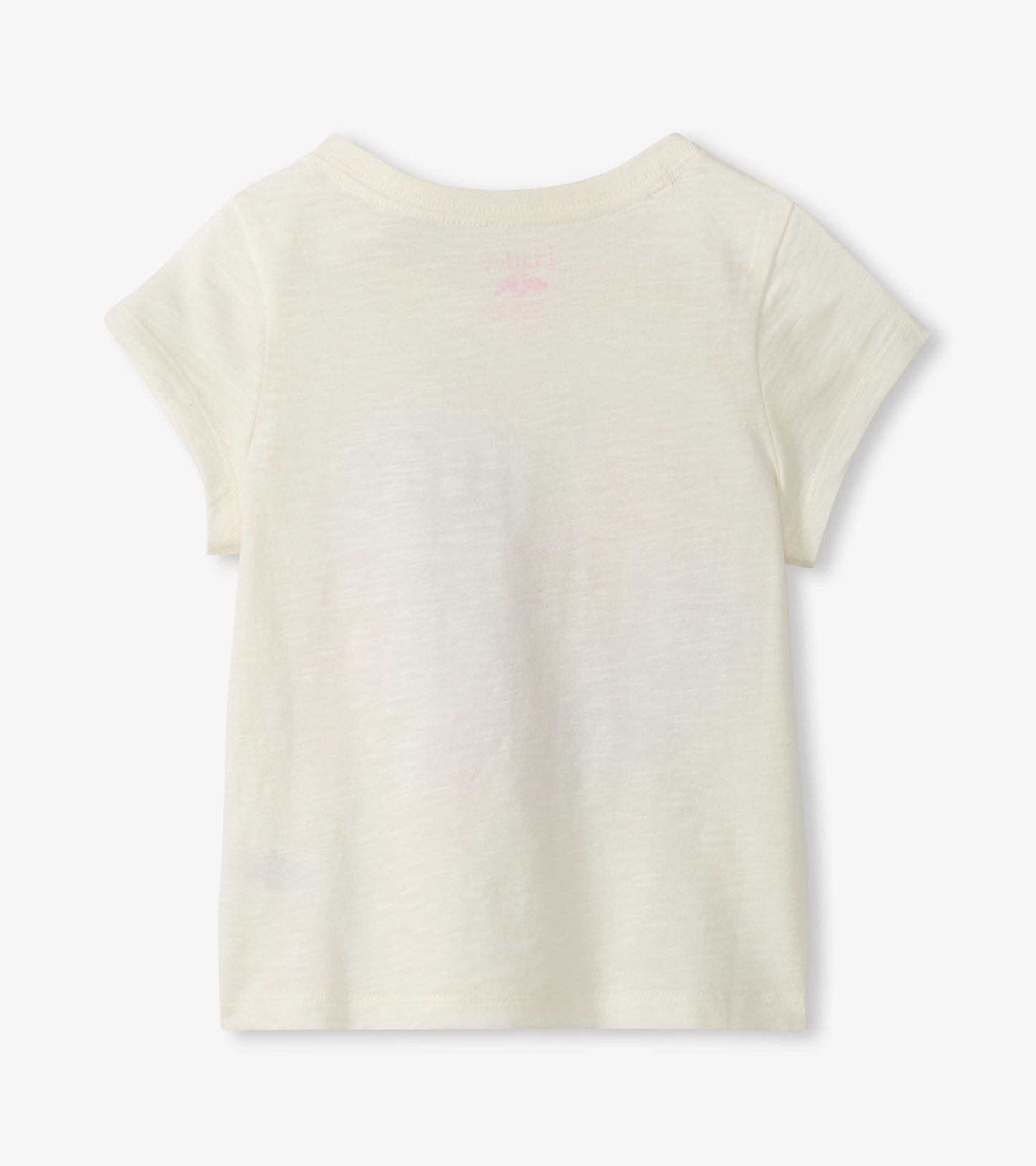 Cream short-sleeve girls T-shirt with small pink graphic on the back, shown flat lay back view