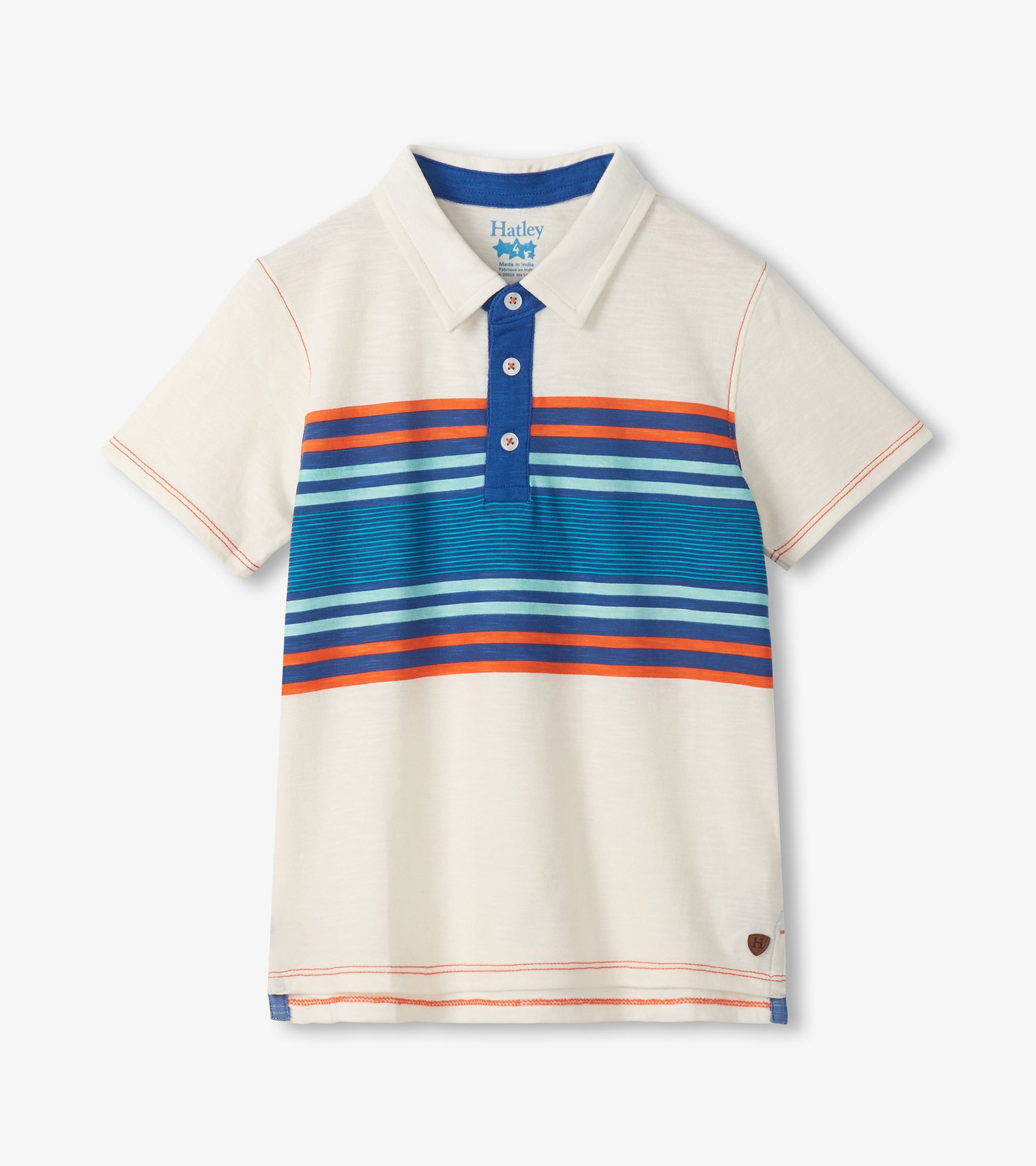 Boys short-sleeve polo shirt with cream collar, blue placket, and multicolor horizontal stripes, front view