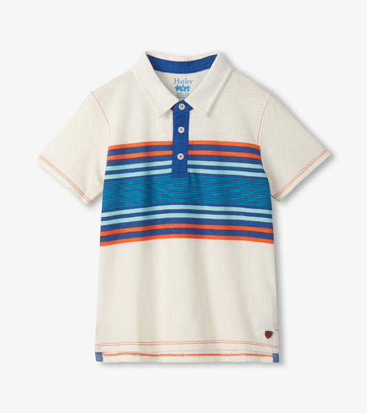 Boys short-sleeve polo shirt with cream collar, blue placket, and multicolor horizontal stripes, front view