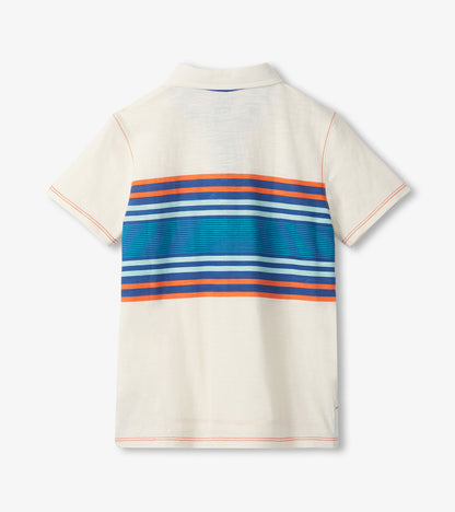 Back view of a boys cream polo shirt with multicolor horizontal stripes and short sleeves