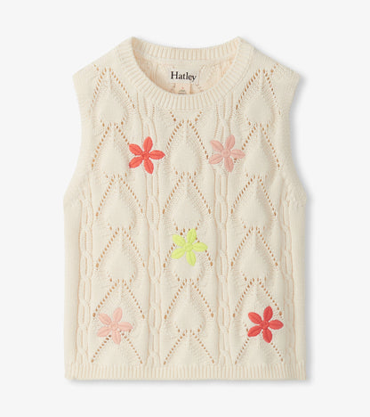 Cream sleeveless knit top with openwork diamond pattern and pink, coral, and lime flower appliqués