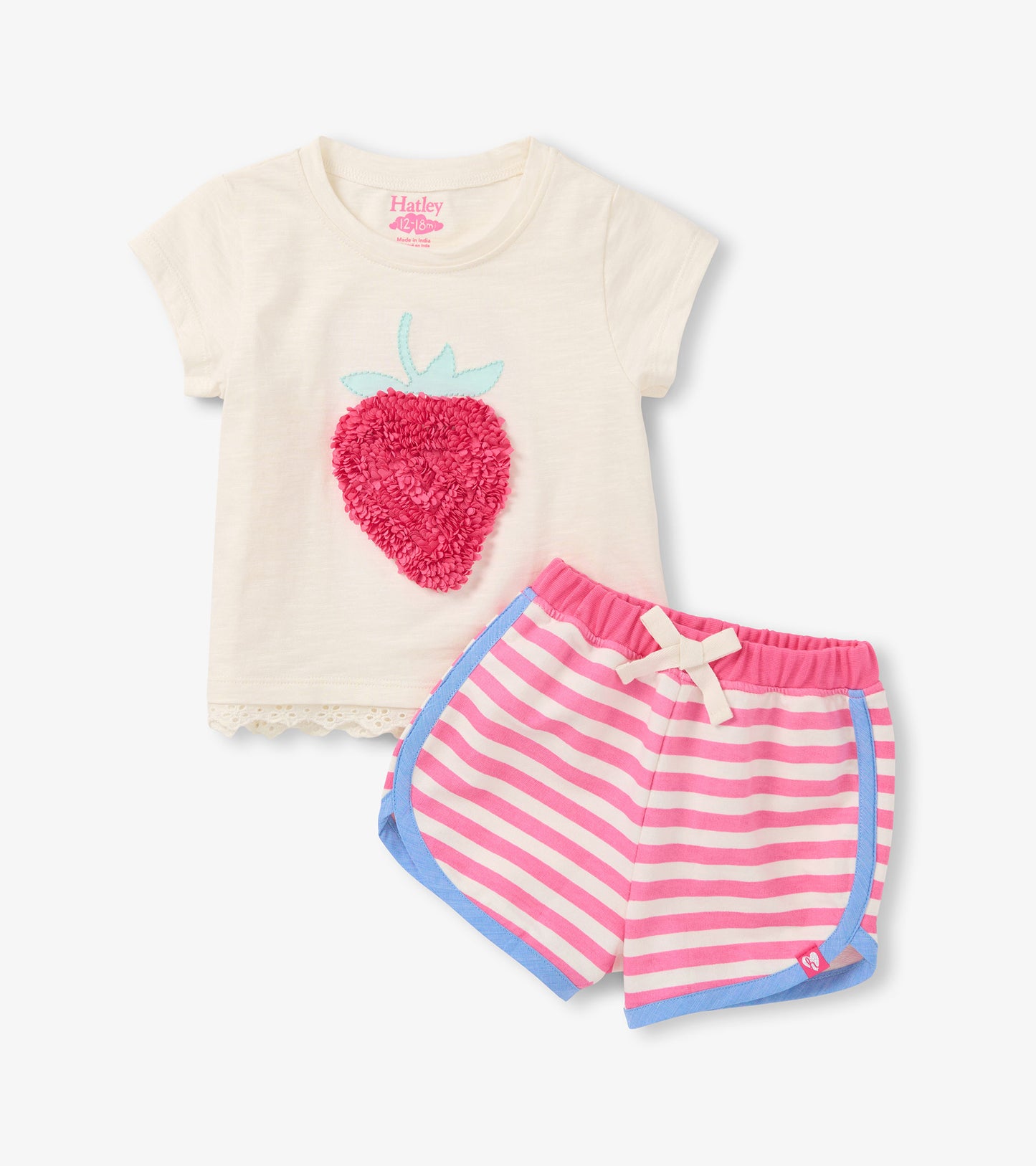 Cream short-sleeve T-shirt with pink strawberry applique and pink-and-white striped shorts with blue trim and bow