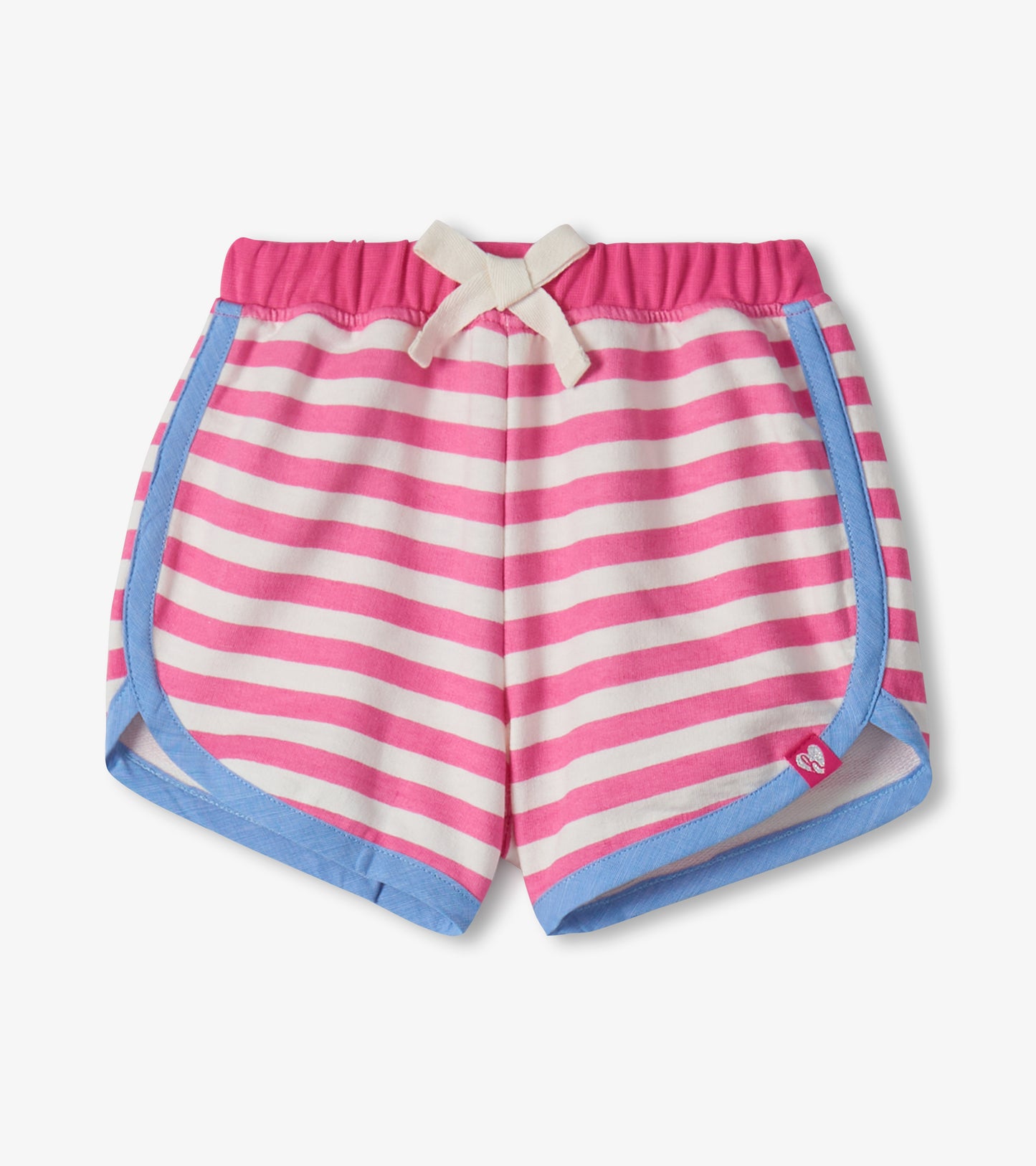 Pink and white striped toddler shorts with blue trim and a white drawstring waistband, front view