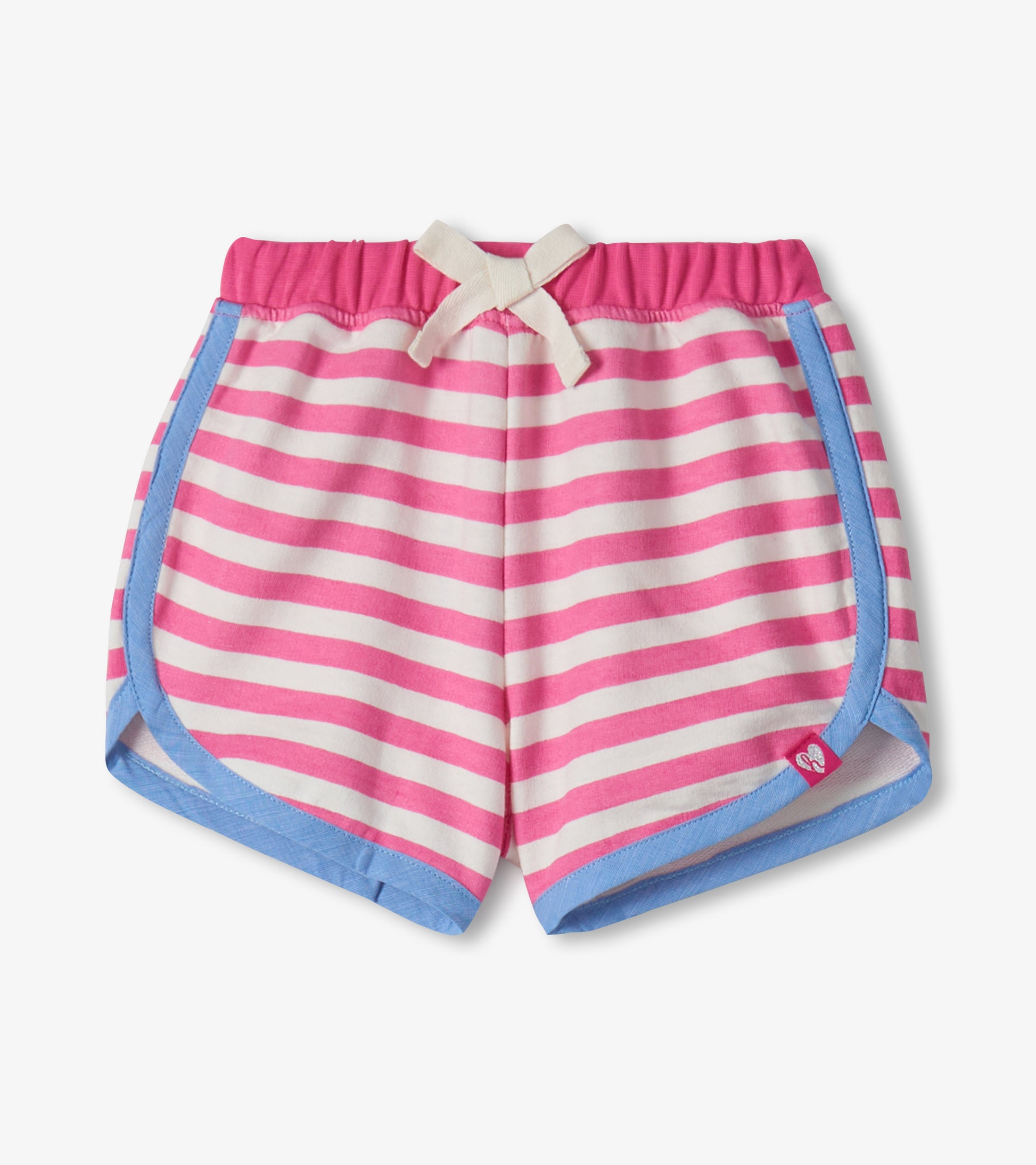 Pink and white striped toddler shorts with blue trim and a white drawstring waistband, front view