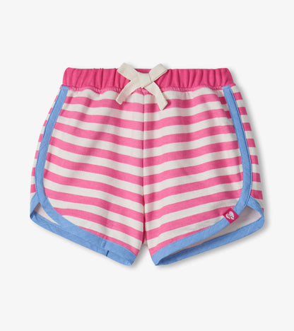 Pink and white striped toddler shorts with blue trim and a white drawstring waistband, front view