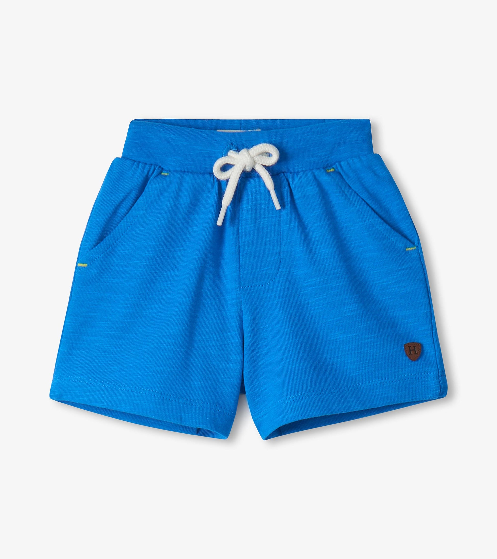 Blue toddler shorts with white drawstring, elastic waistband, and small front pockets, front view