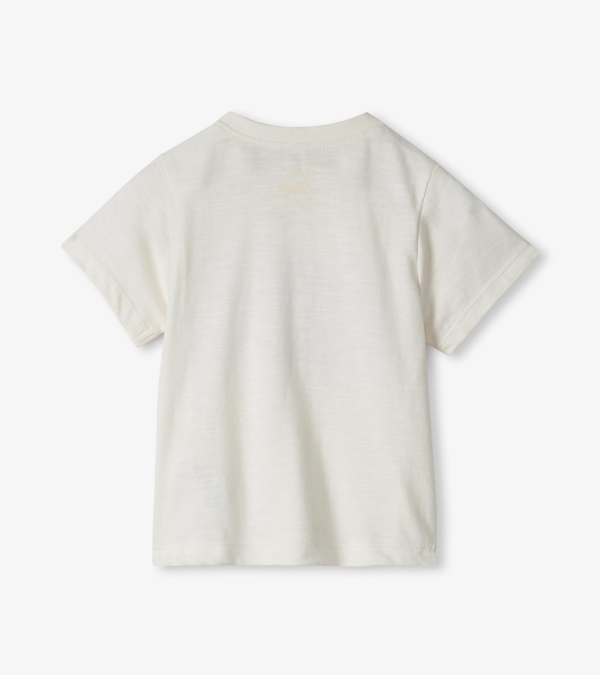 Back of cream short-sleeve toddler T-shirt with a plain crew neck and soft cotton fabric