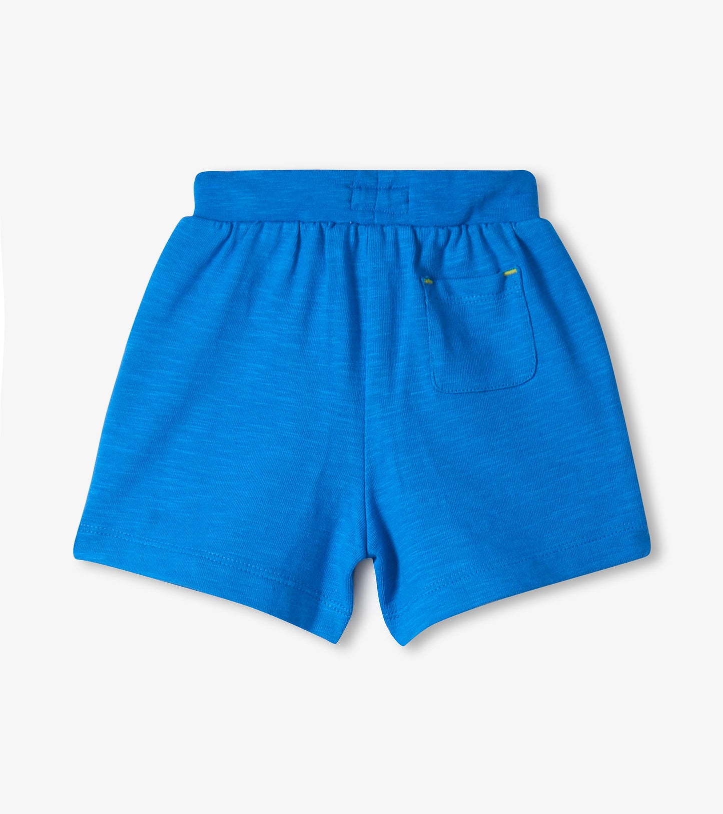 Blue toddler shorts with elastic waistband and back patch pocket, front view