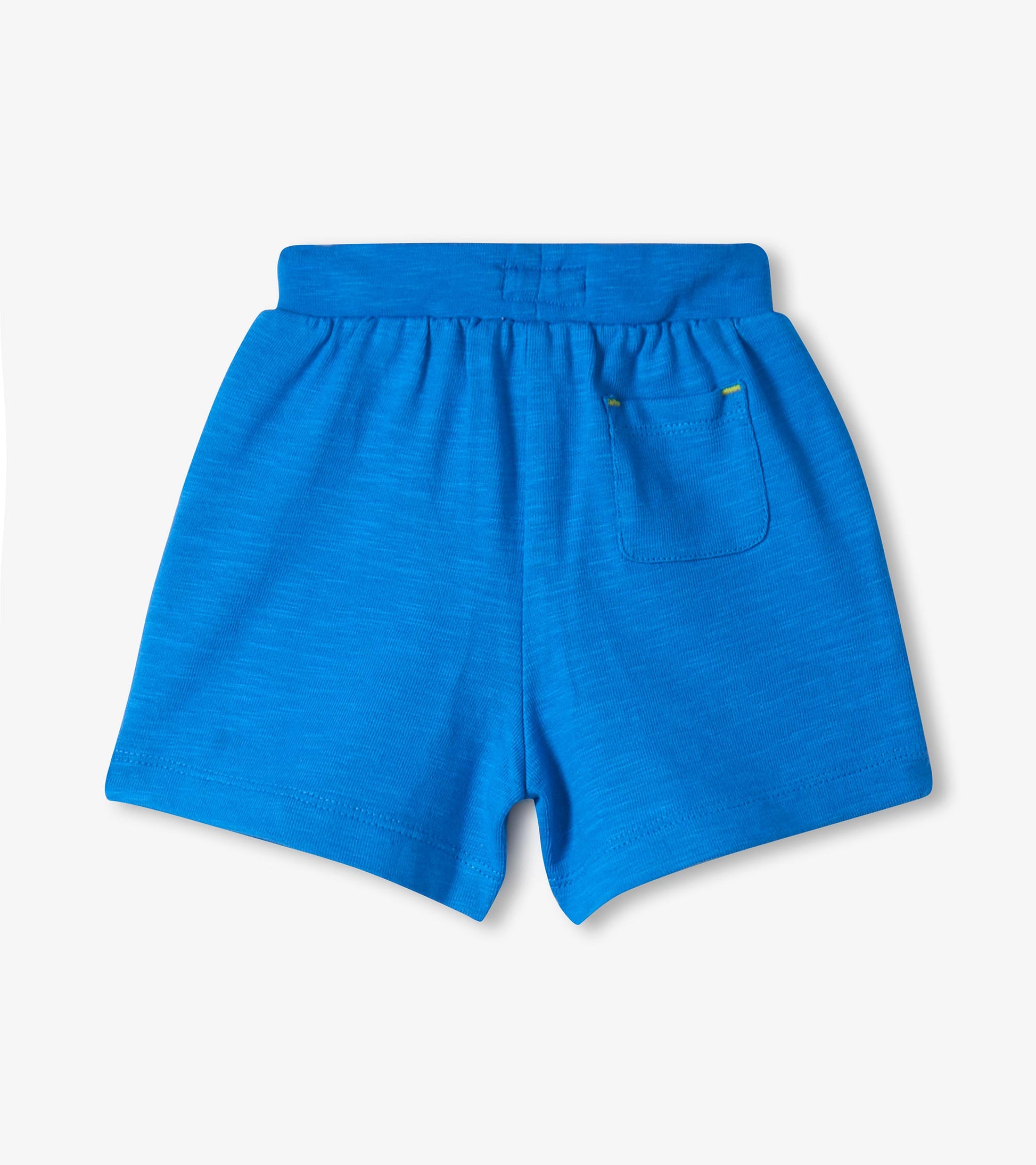 Blue toddler shorts with elastic waistband and back patch pocket, front view