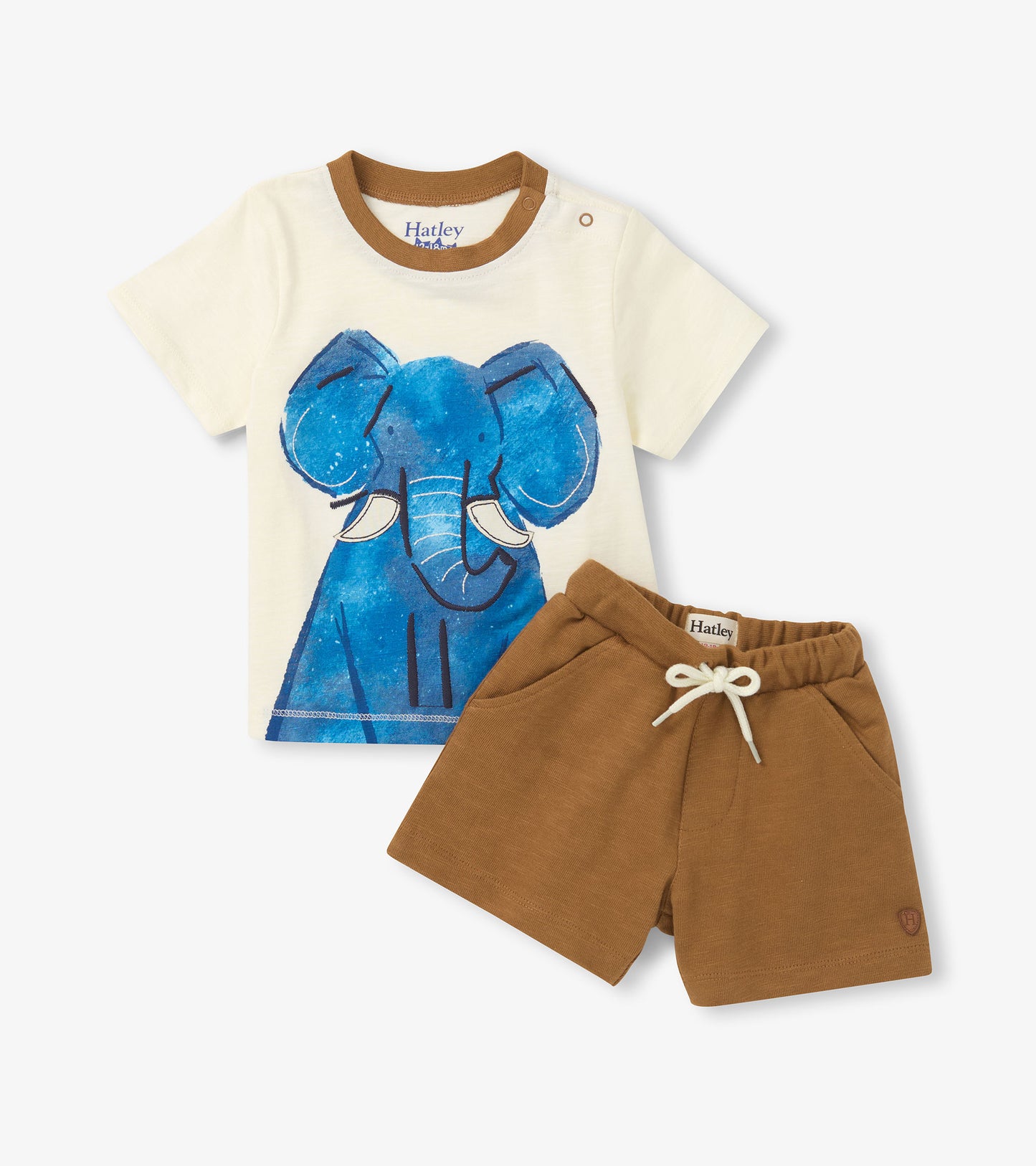 Cream elephant graphic T-shirt with brown trim and matching brown drawstring shorts