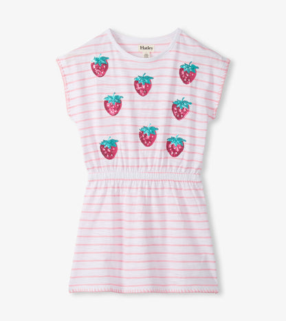 Girls white and pink striped dress with strawberry print, short sleeves, and cinched waist, front view
