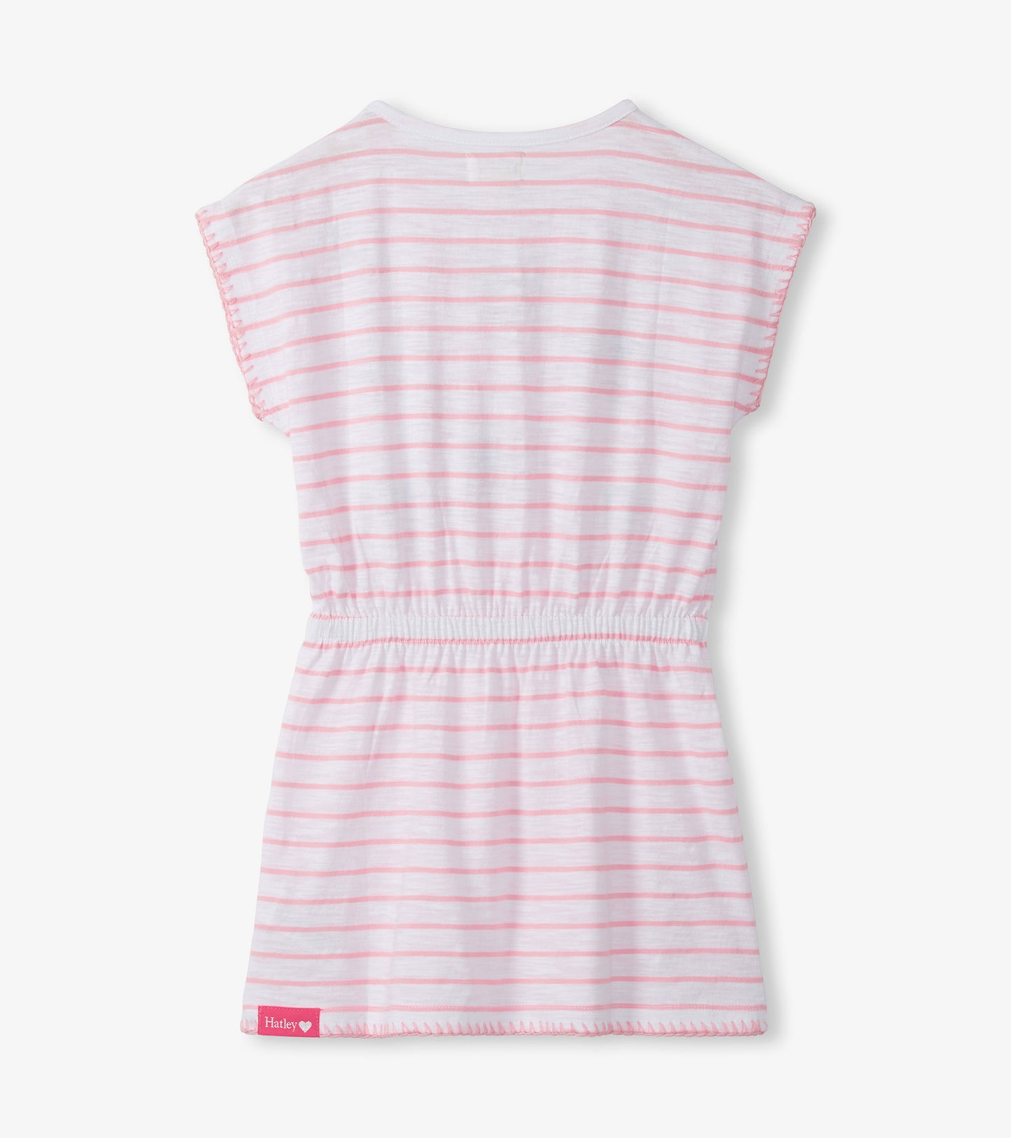 White girls dress with pink horizontal stripes, cinched waist, short sleeves, back view