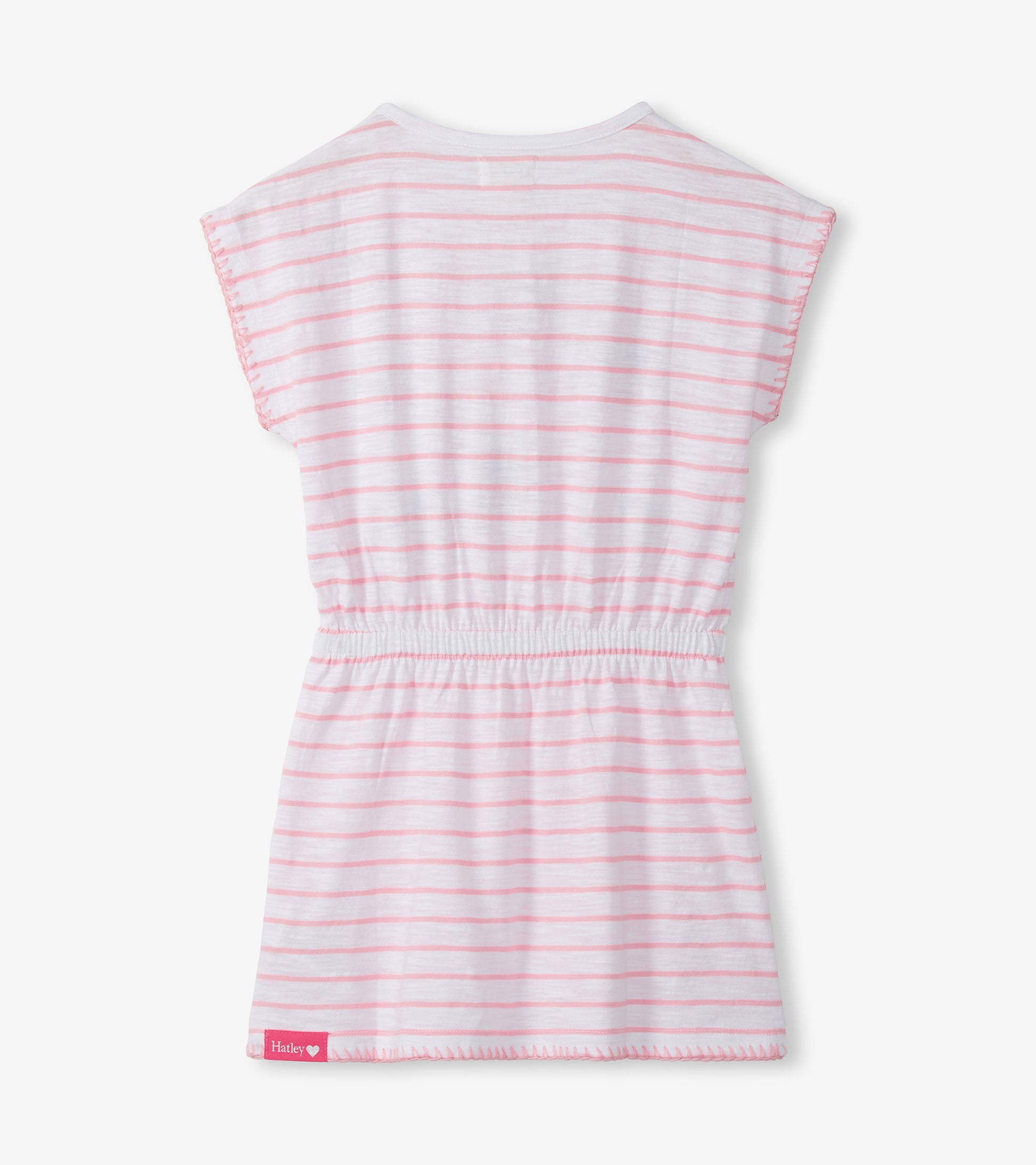White girls dress with pink horizontal stripes, cinched waist, short sleeves, back view
