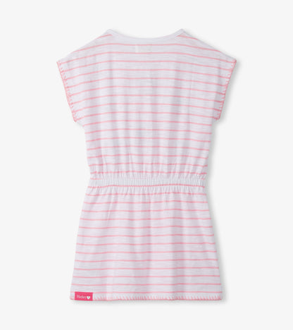 White girls dress with pink horizontal stripes, cinched waist, short sleeves, back view