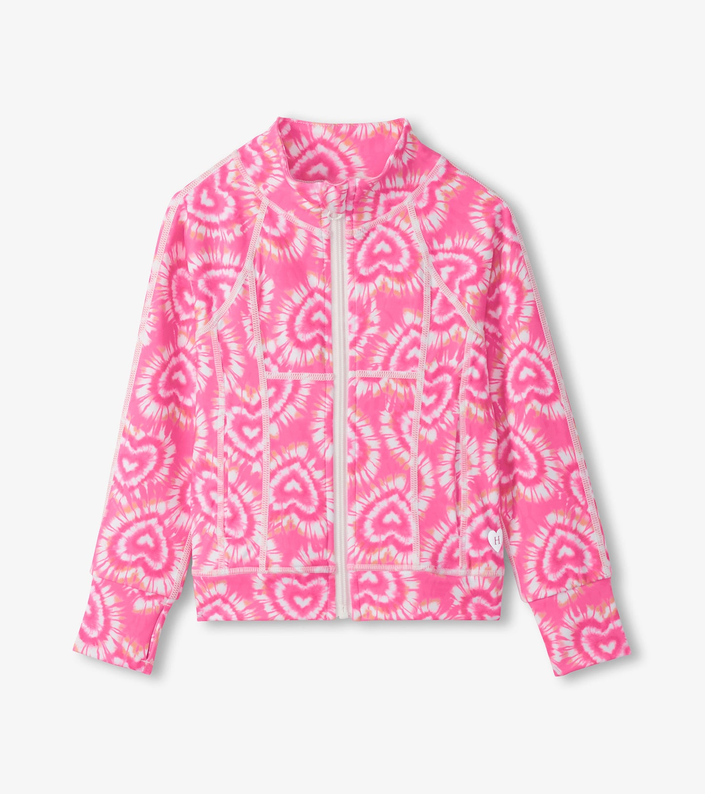 Pink tie-dye girls zip-up active jacket with heart pattern and long sleeves, front view