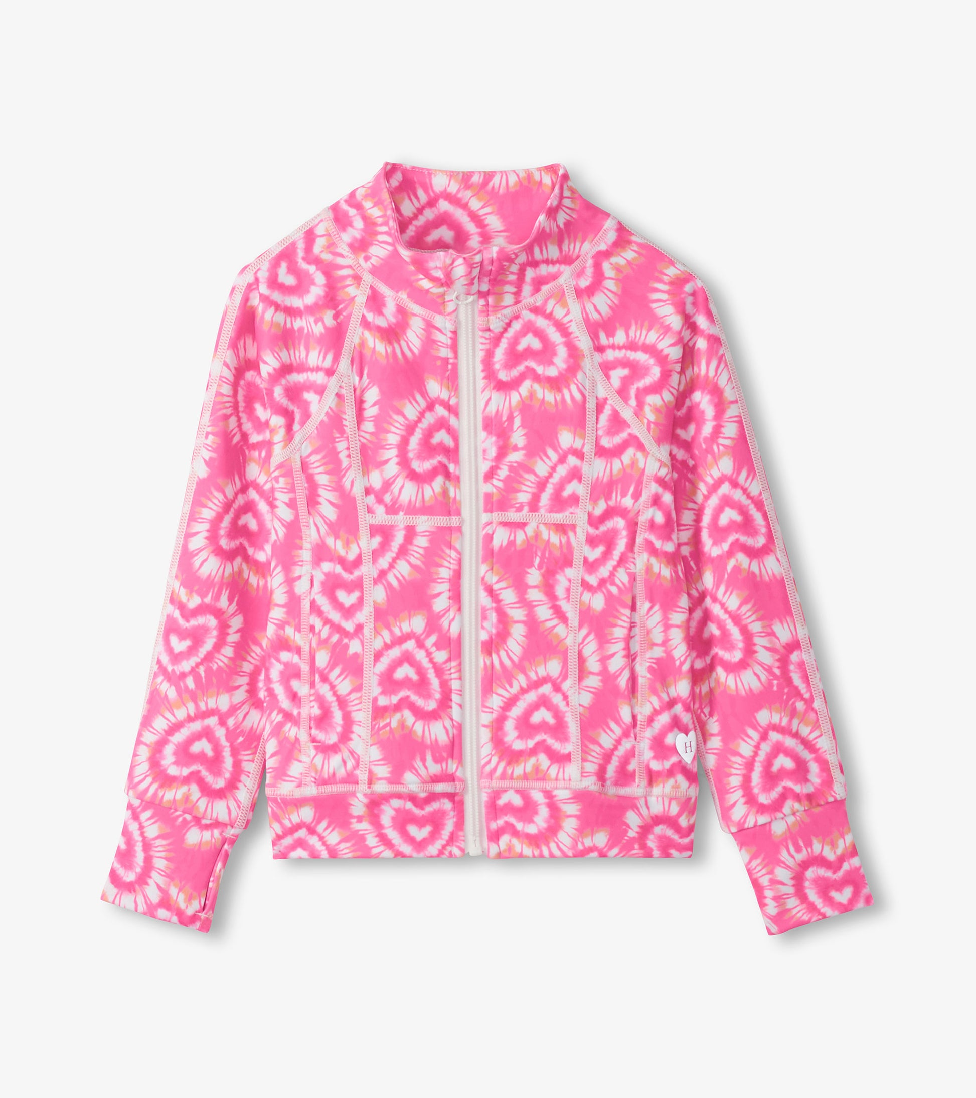 Pink tie-dye girls zip-up active jacket with heart pattern and long sleeves, front view