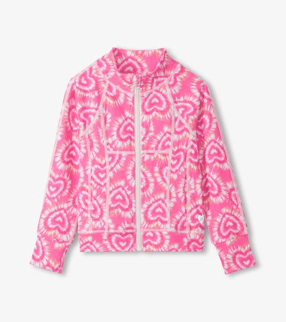 Pink tie-dye girls zip-up active jacket with heart pattern and long sleeves, front view