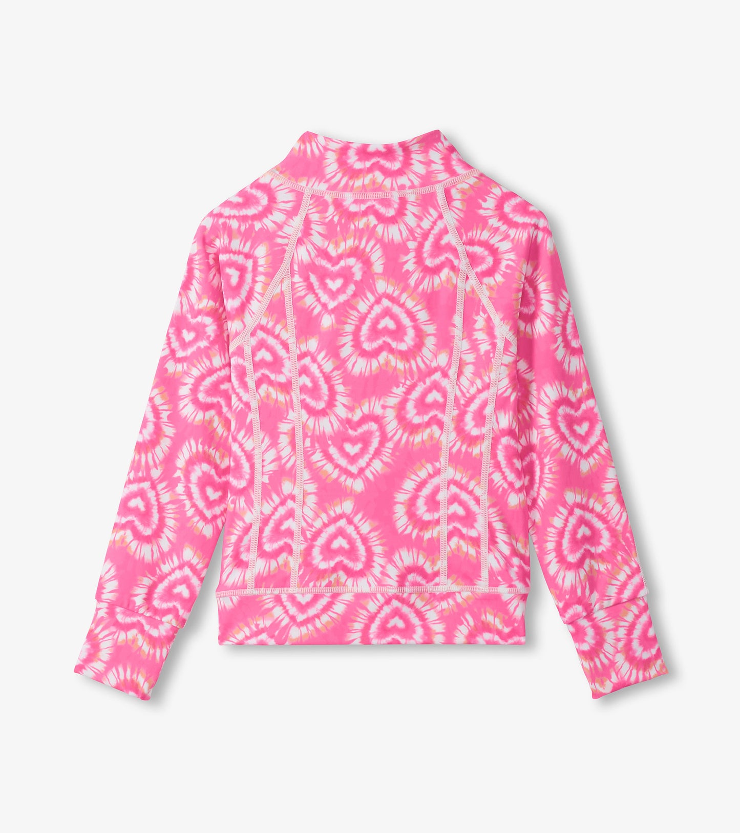Pink long-sleeve girls jacket with heart tie-dye pattern and mock neck, shown from the back