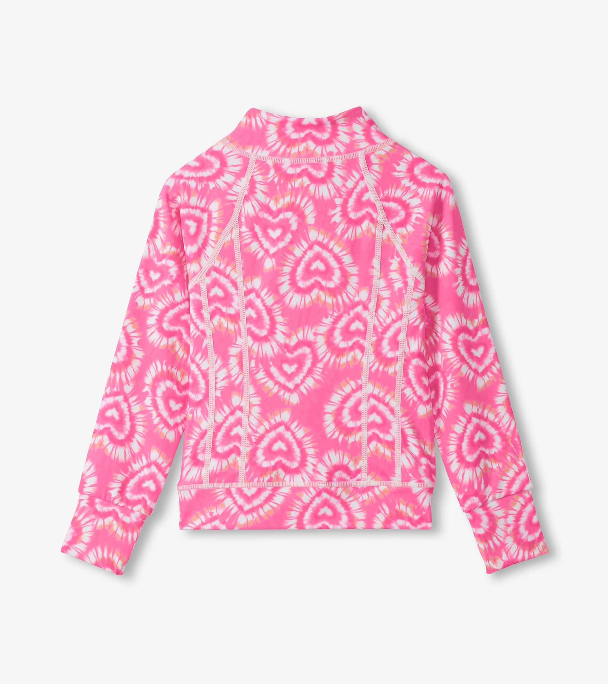 Pink long-sleeve girls jacket with heart tie-dye pattern and mock neck, shown from the back