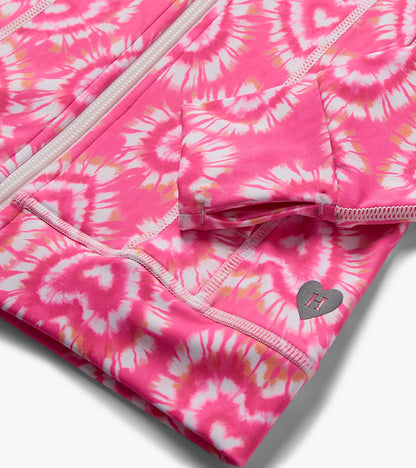 Pink and white tie-dye girls' active jacket with zipper, pocket, and heart logo detail