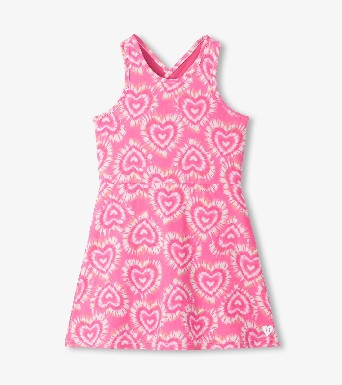Pink sleeveless A-line dress with heart tie-dye print and scoop back neckline, front view