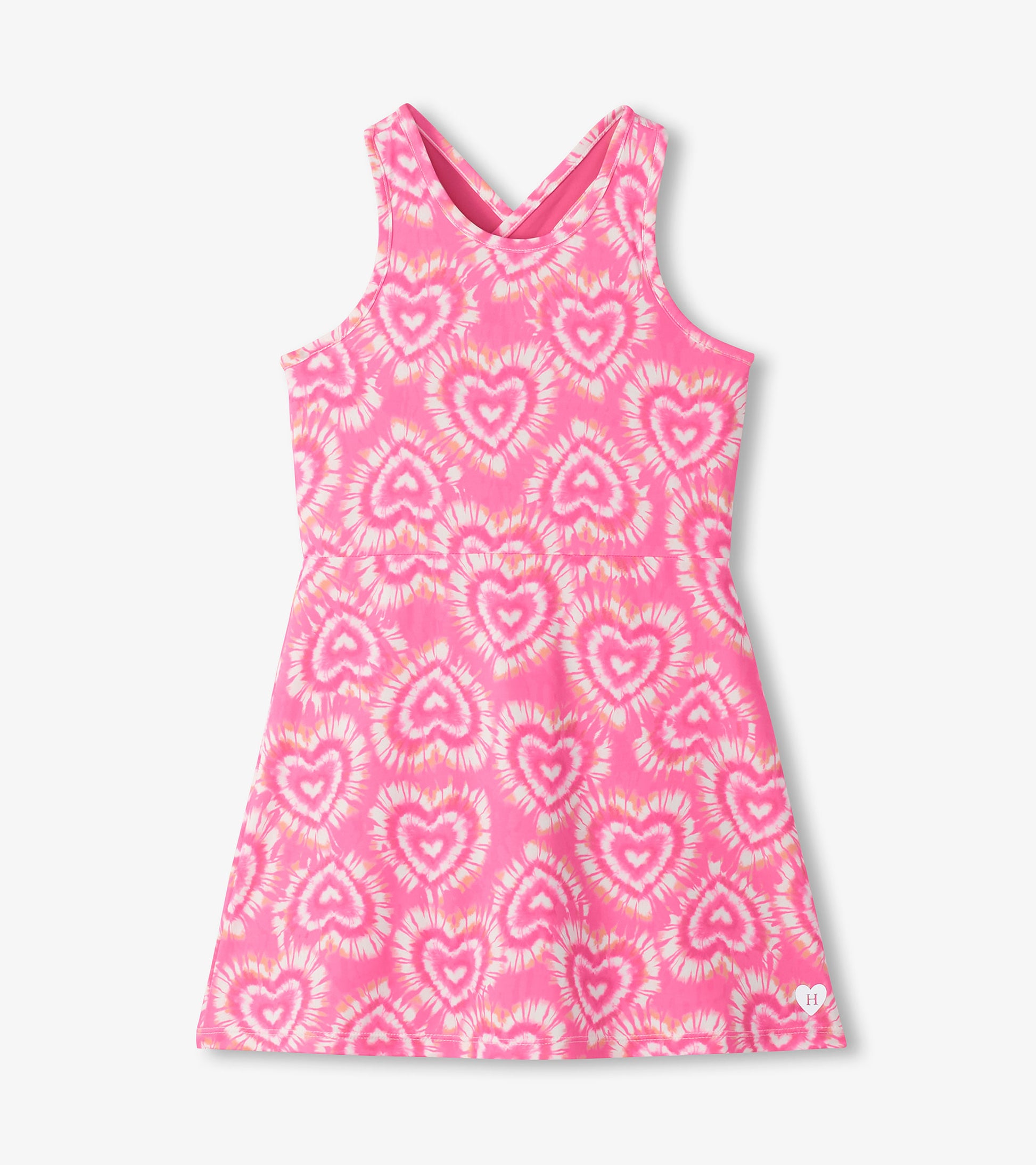 Pink sleeveless A-line dress with heart tie-dye print and scoop back neckline, front view