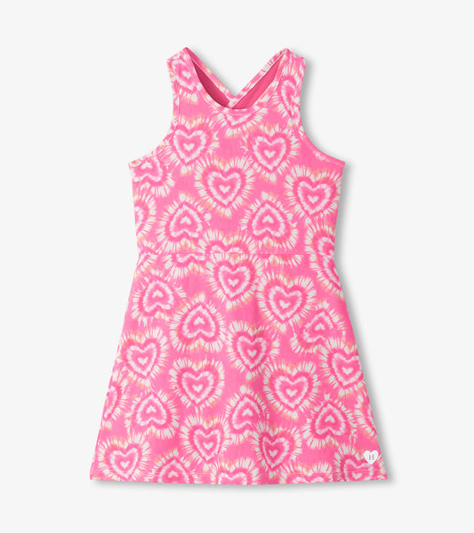 Pink sleeveless A-line dress with heart tie-dye print and scoop back neckline, front view